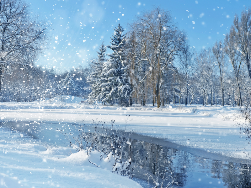 пейзаж, зима, озеро, природа, снег, небо, деревья