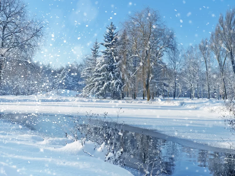 пейзаж, зима, озеро, природа, снег, небо, деревья