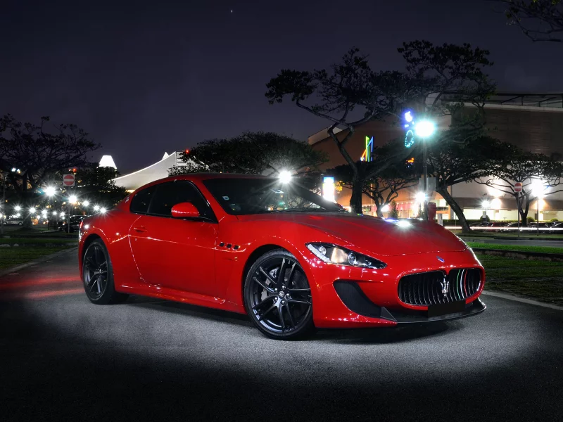 light, granturismo, red, mc stradale, street, maserati, night, front