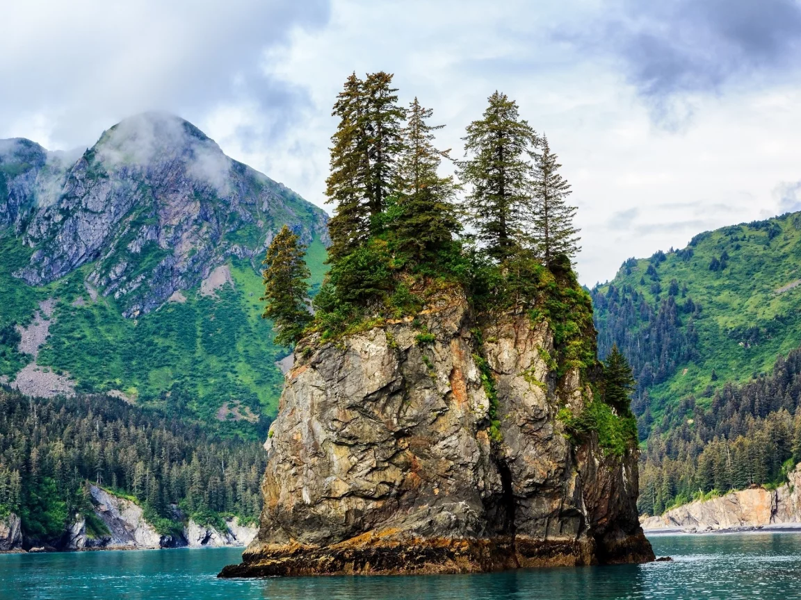 горы, облака, скала, море, океан, вода