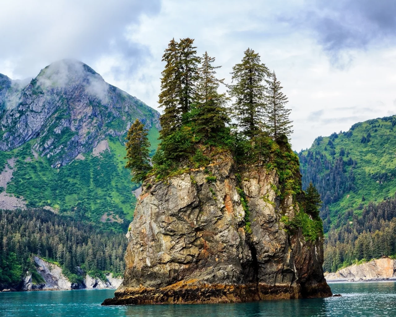 горы, облака, скала, море, океан, вода