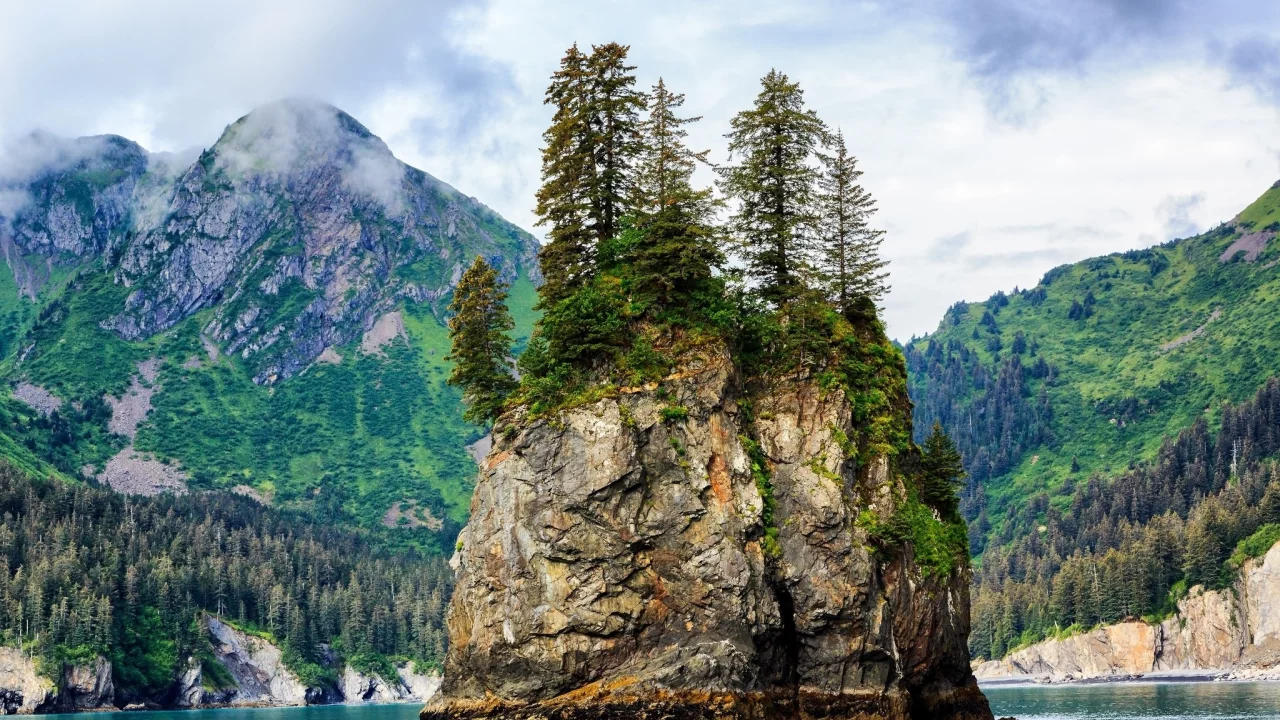 горы, облака, скала, море, океан, вода