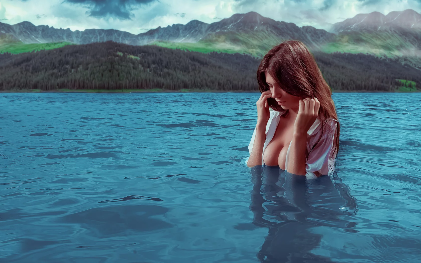 шатенка, море, океан, горы, вода, девушка, фигура, милая, красивая, сексуальная, симпатичная, стройная, модель, няшка, взгляд, сиськи, титьки, грудь