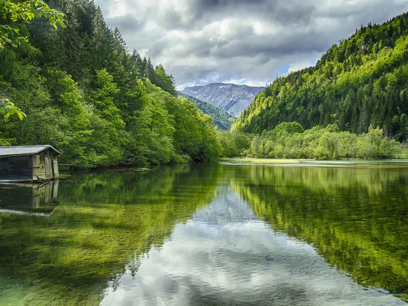 природа, озеро, горы, вода, река, небо, тучи, облака, лес