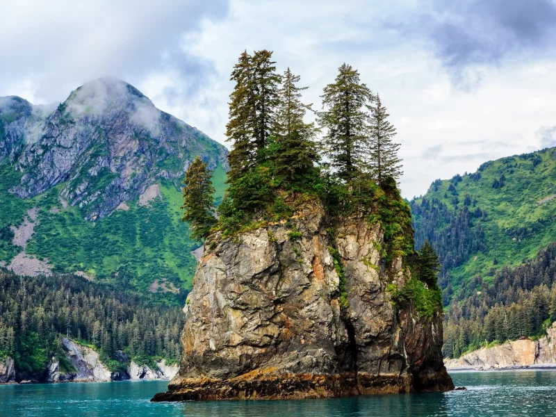 горы, облака, скала, море, океан, вода