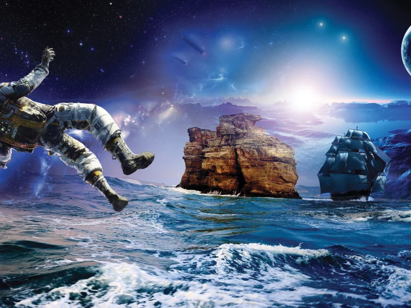 космос, море, парусник, планета, полёт, звёзды, путешествия