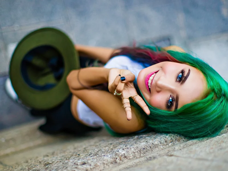 green hair, blue eyes, girl, sexy