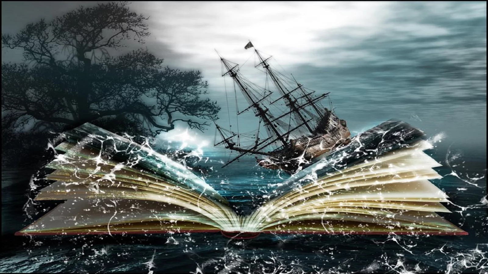 книга, парусник, дерево, облака, свет