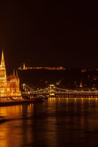 ночь, река, огни, дома, мост, архитектура, город