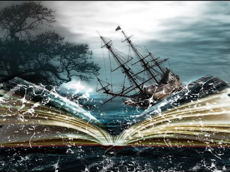 книга, парусник, дерево, облака, свет