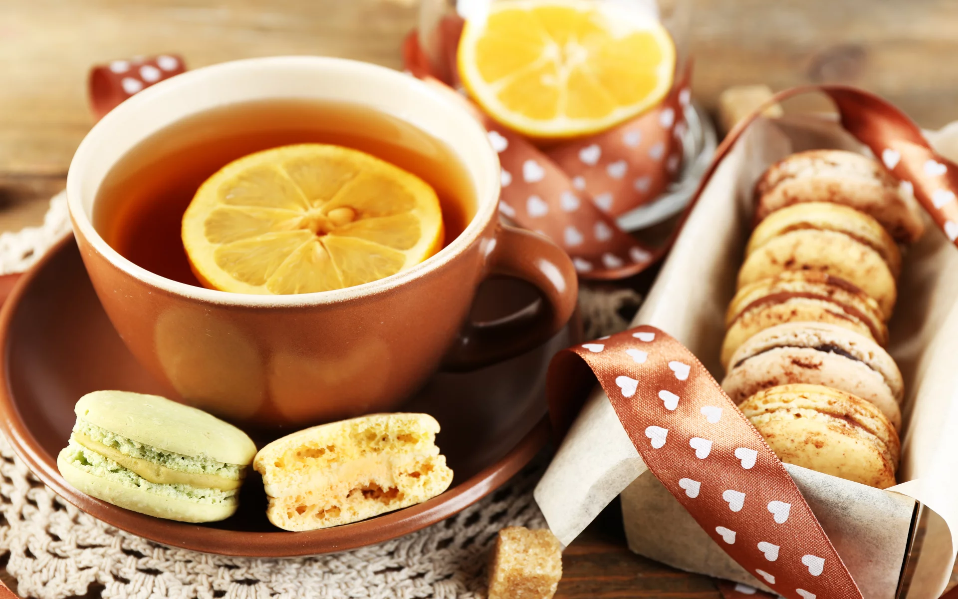 лимон, чай, чашка, десерт, dessert, печенье, almond, macaron, макарун