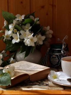 чашка, чай, цветы, чаепитие