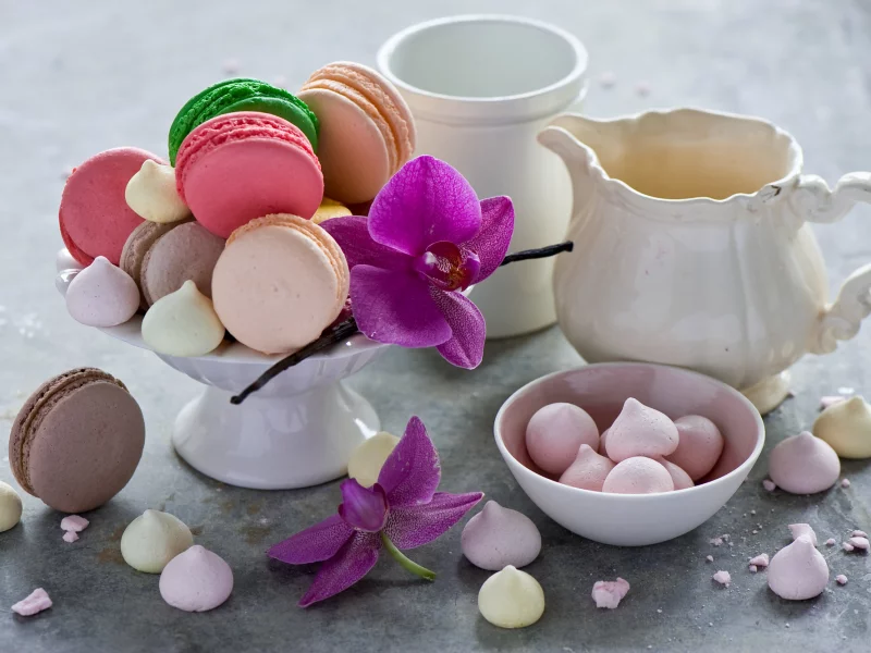 печенье, macaron, безе, кувшин, орхидея