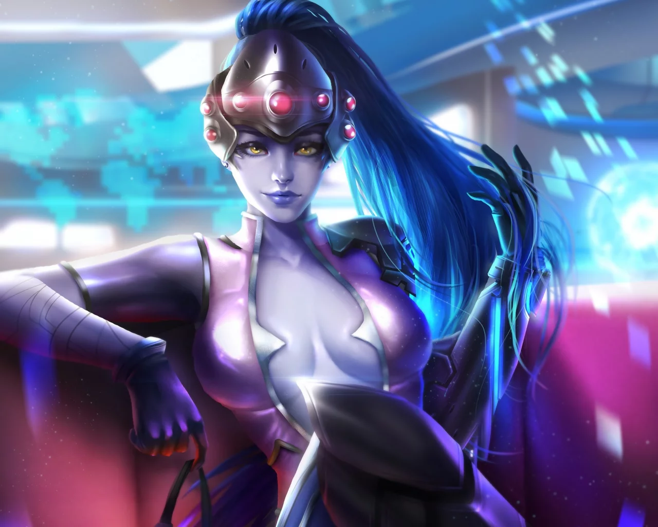 девушка, шлем, сидя, overwatch, очки