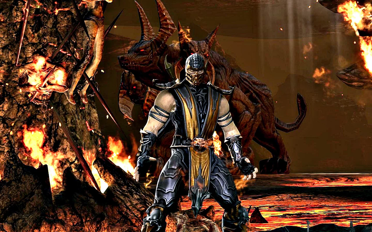 mortal kombat, komplete edition, scorpion, пламя, монстр, задний фон