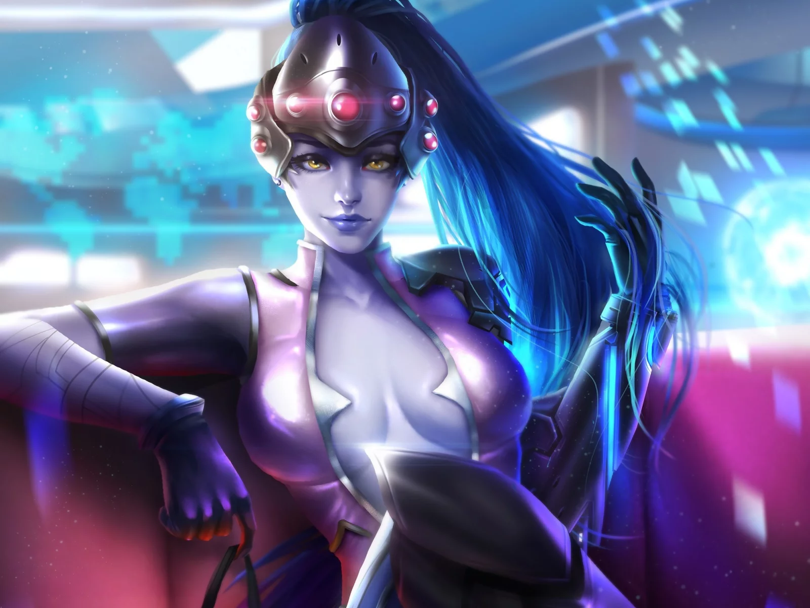 девушка, шлем, сидя, overwatch, очки