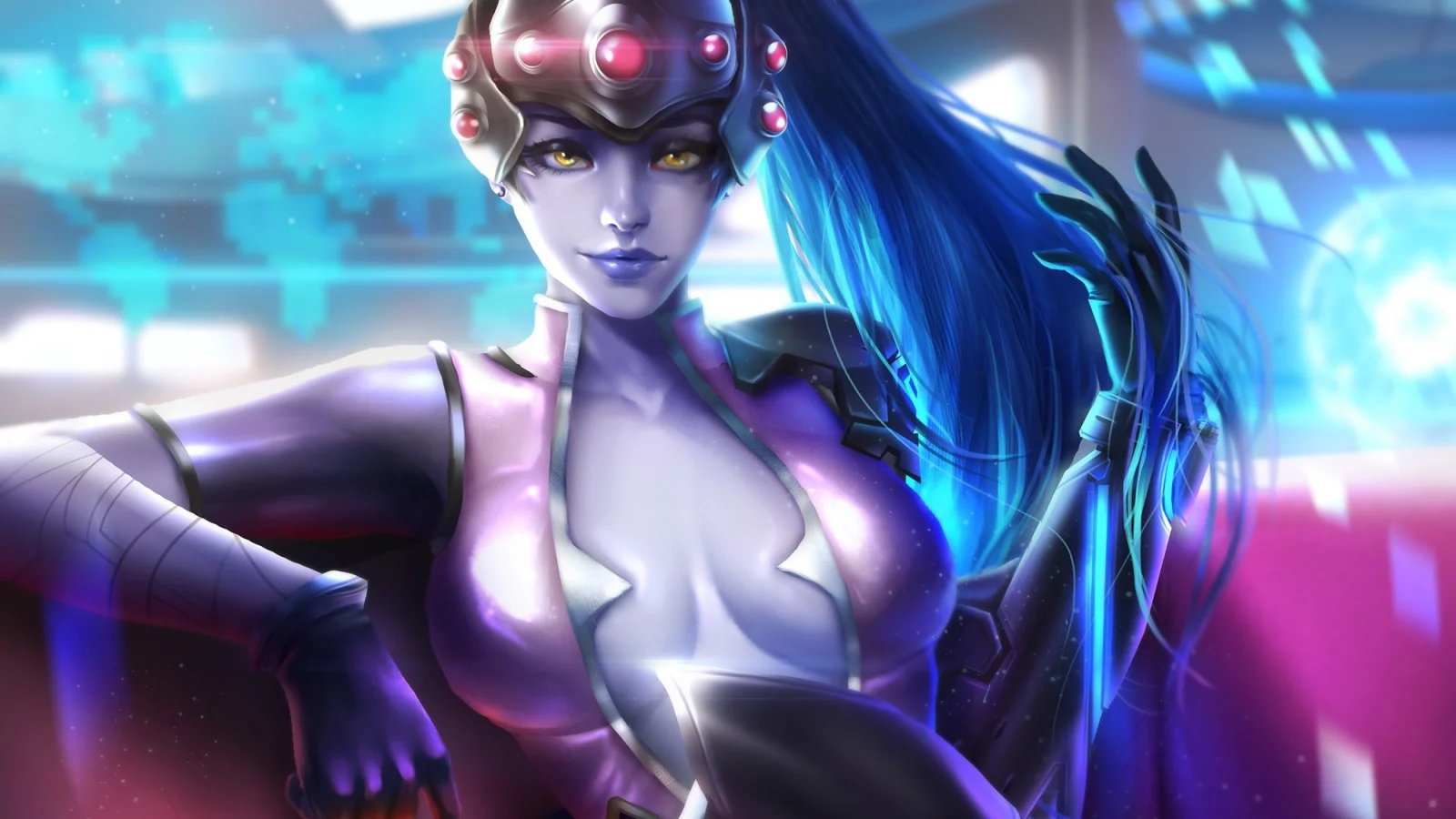 девушка, шлем, сидя, overwatch, очки