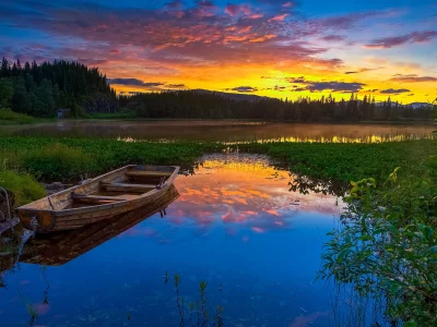 озеро, лодка, закат