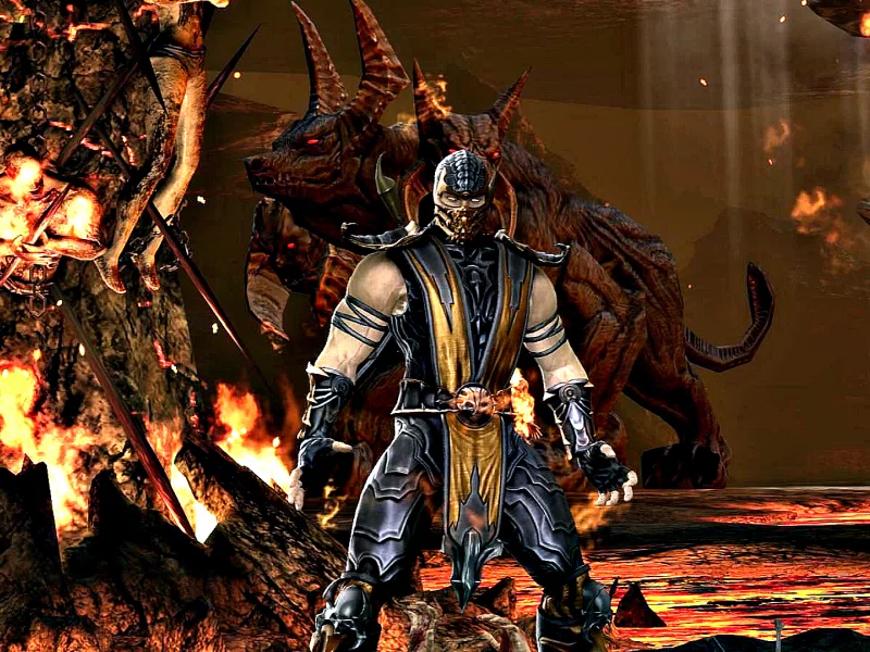 mortal kombat, komplete edition, scorpion, пламя, монстр, задний фон