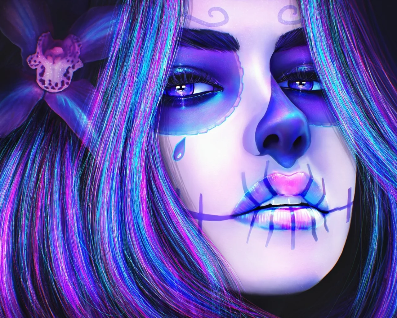 цветок, лицо, sugar skull, череп, девушка, макияж
