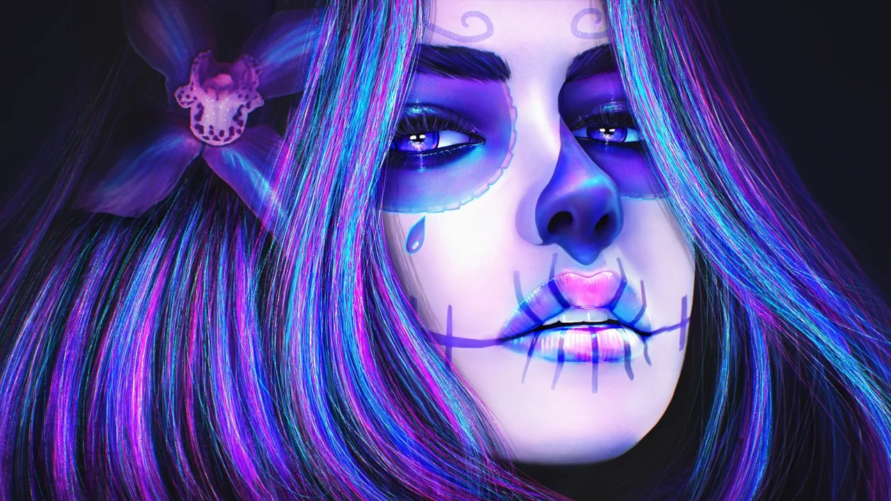 цветок, лицо, sugar skull, череп, девушка, макияж
