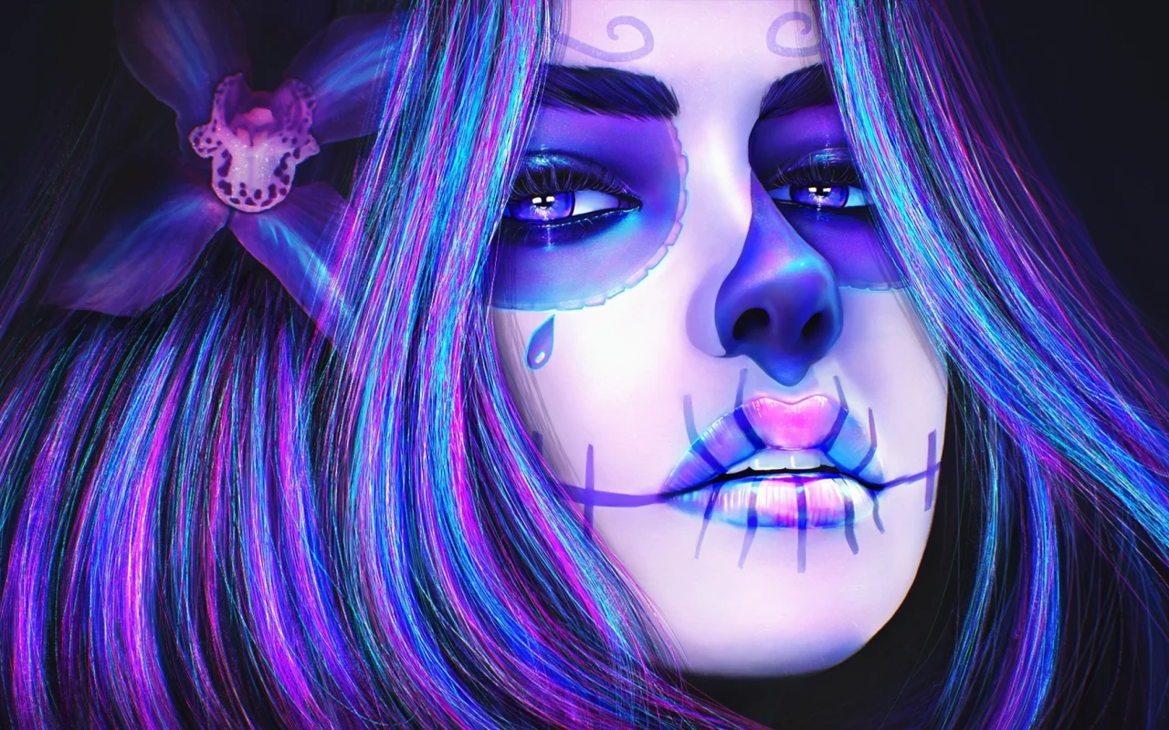 цветок, лицо, sugar skull, череп, девушка, макияж