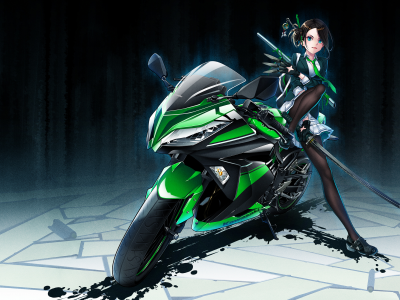 девушка, меч, мотоцикл