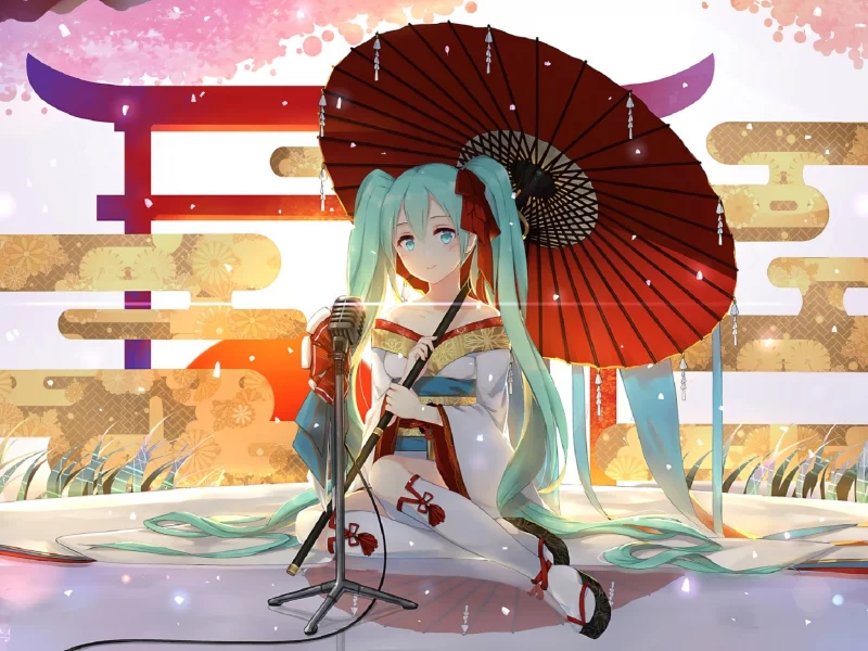hatsune miku, зонт, девушка