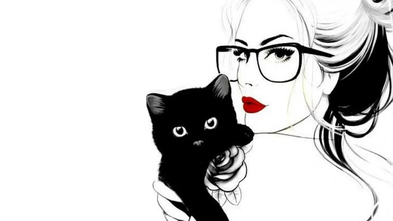 рисунок, девушка, кошка