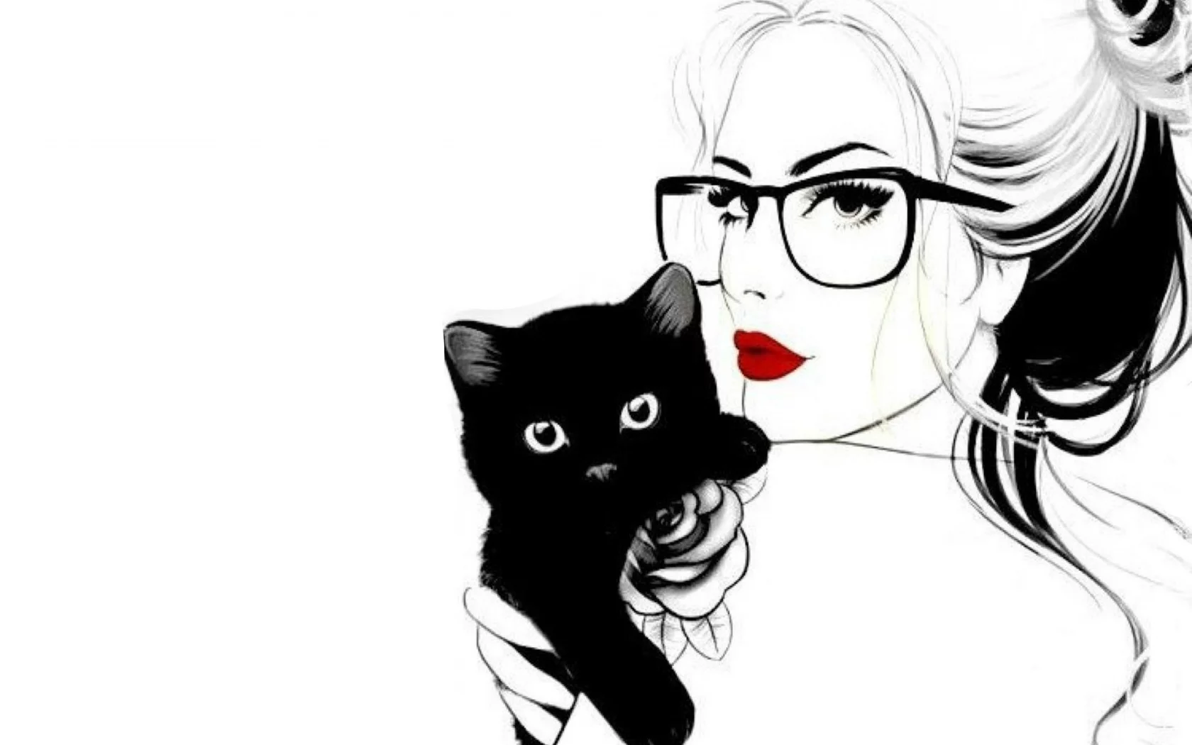 рисунок, девушка, кошка