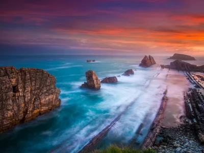 sunset, sea, rocks, shore, nature landscape