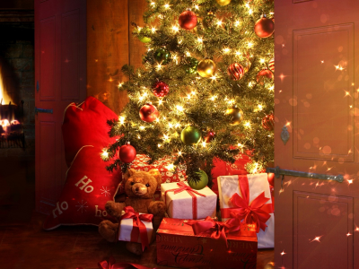 елка, подарки, игрушки, камин, огонь, новый год, рождество, декабрь, зима