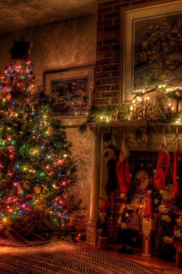 рождество, елка, праздник, новый год, игрушки, камин, гирлянда, огни