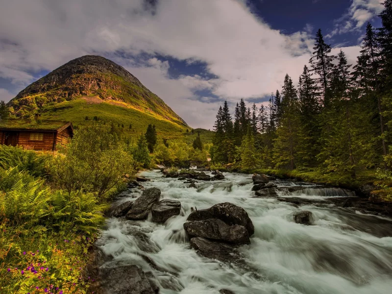 гора, камни, водопад