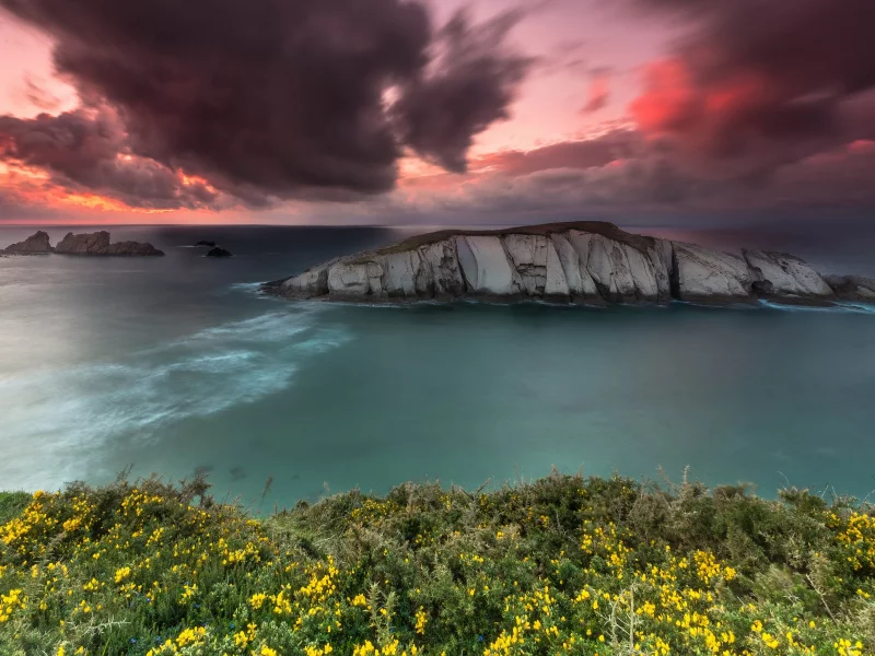 sunset, sea, rocks, shore, nature landscape