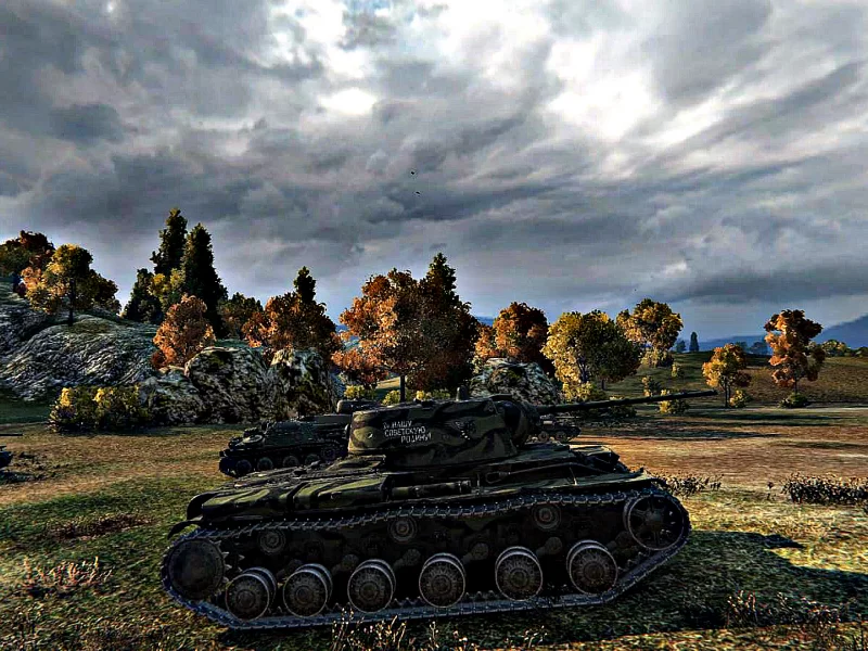 wot, поле, танк, кв 1, бой, деревья, горы