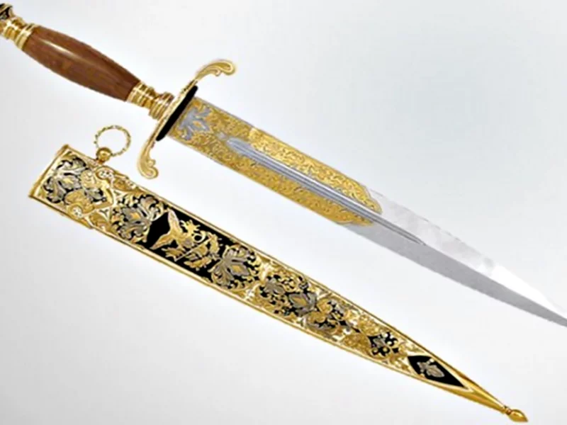 кинжал, дамасская сталь, латунь, кость моржа, ювелирные камни 183 шт