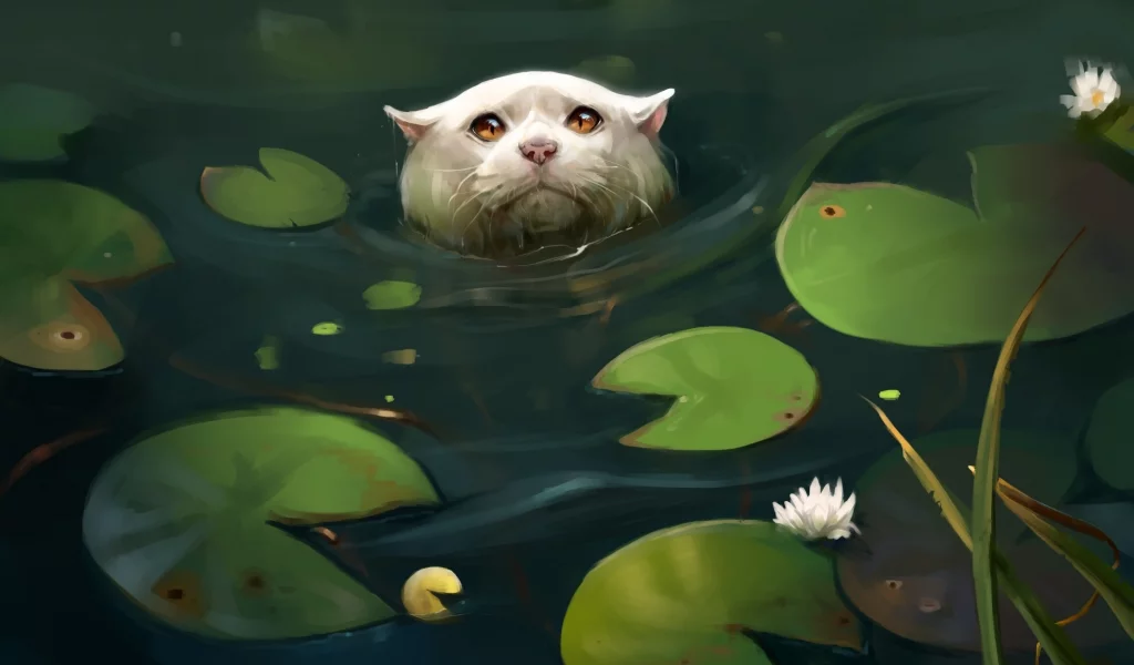 кувшинки, кошка