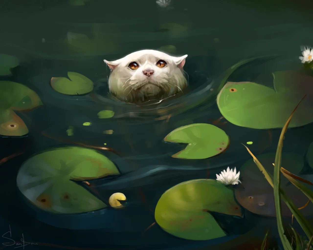 кувшинки, кошка