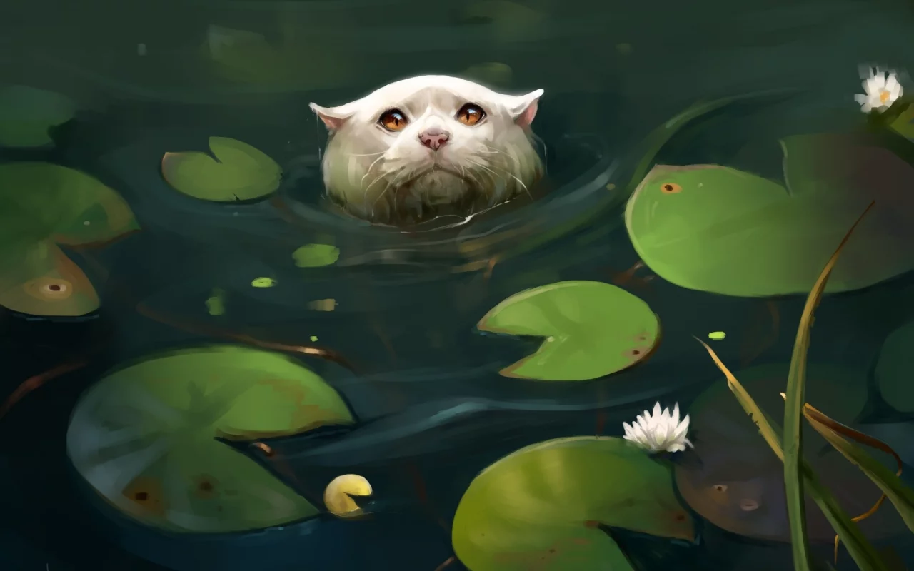 кувшинки, кошка