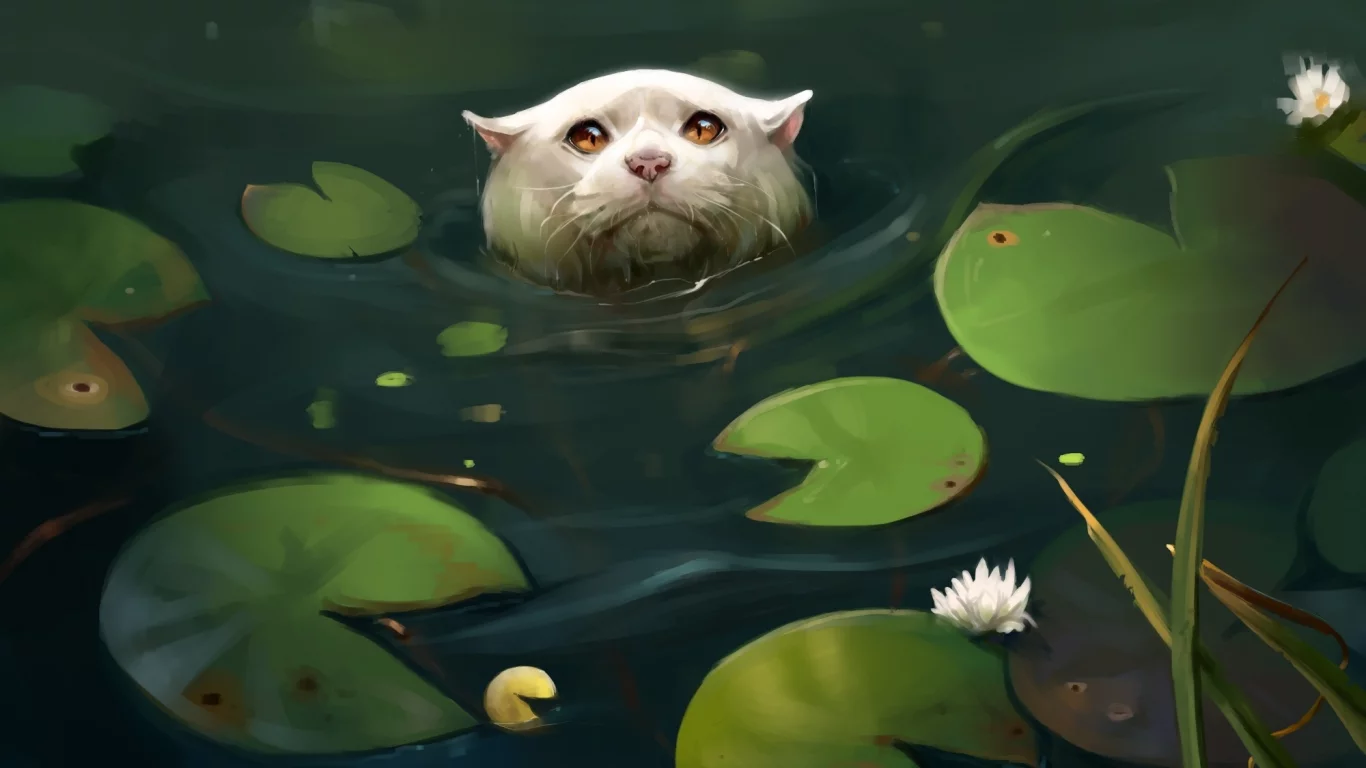 кувшинки, кошка