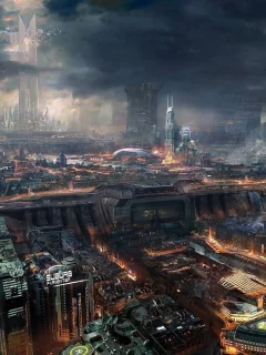 город, огни, тучи