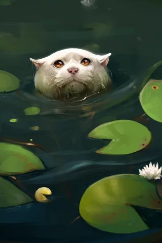 кувшинки, кошка