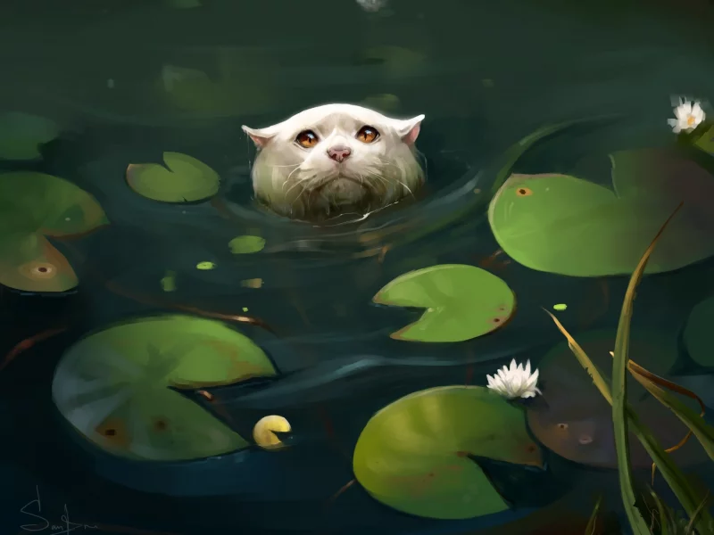кувшинки, кошка