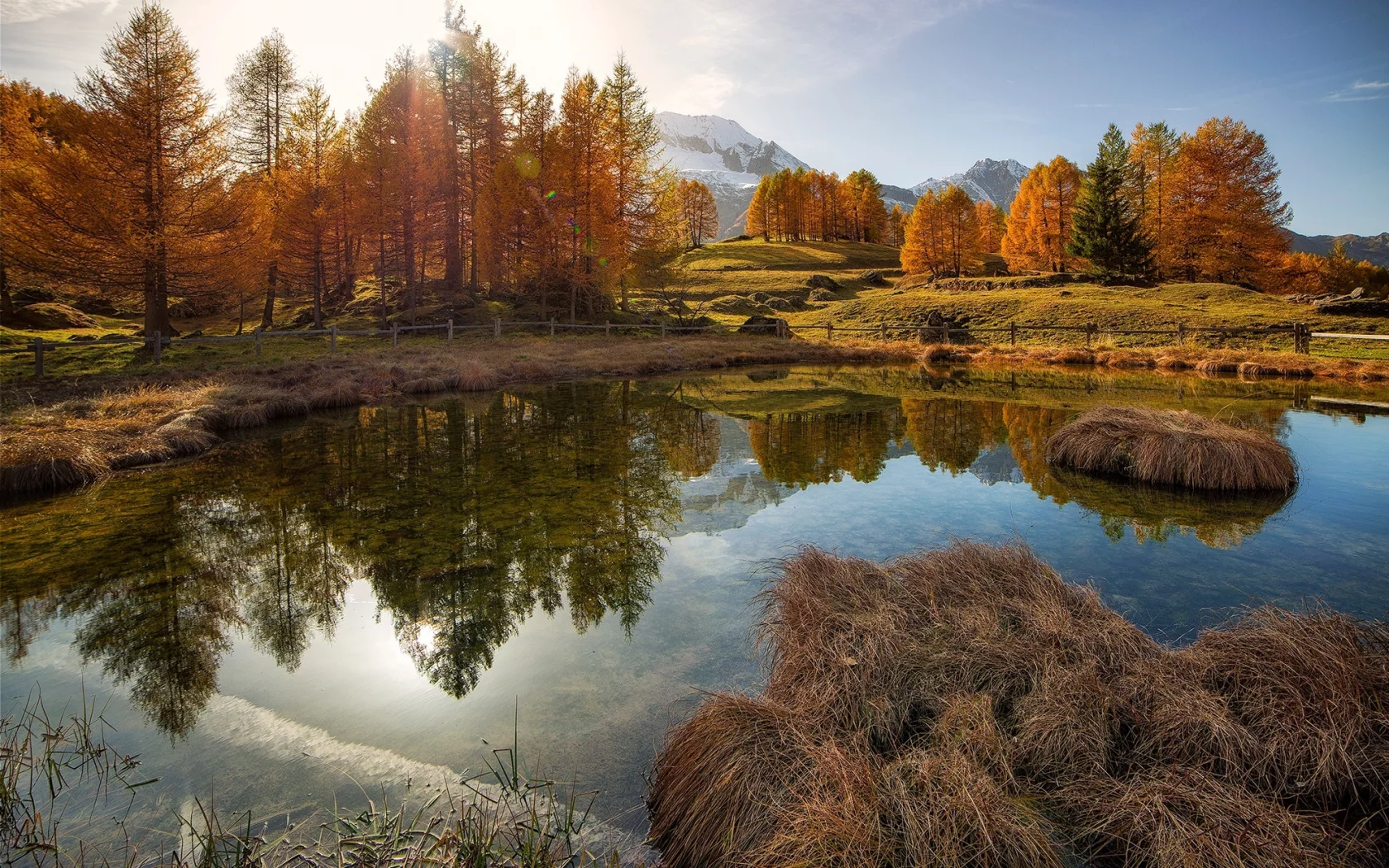 осень, свет, горы, природа, пруд, отражение