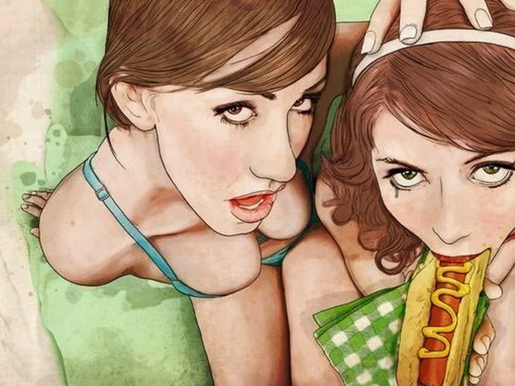 две девушки, волосы, рисунок, рот, грудь, хот дог, глаза