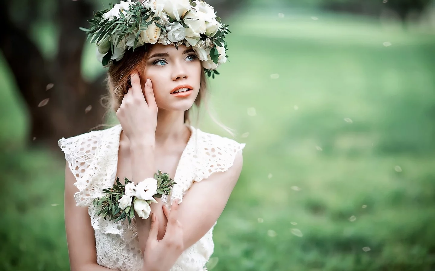 лето, девушка, лепестки, розы, природа, русая, венок, цветы