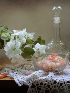 вода, стакан, конфеты, груша, натюрморт