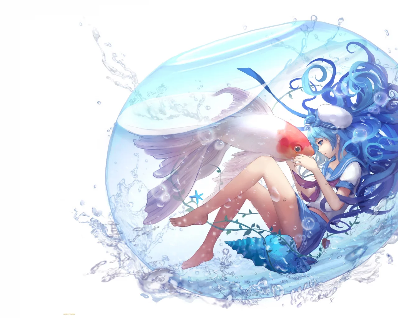 vocaloid, вода, aoiakamaou, аквариум, рыбка, atsune iku, арт, кои, девочка