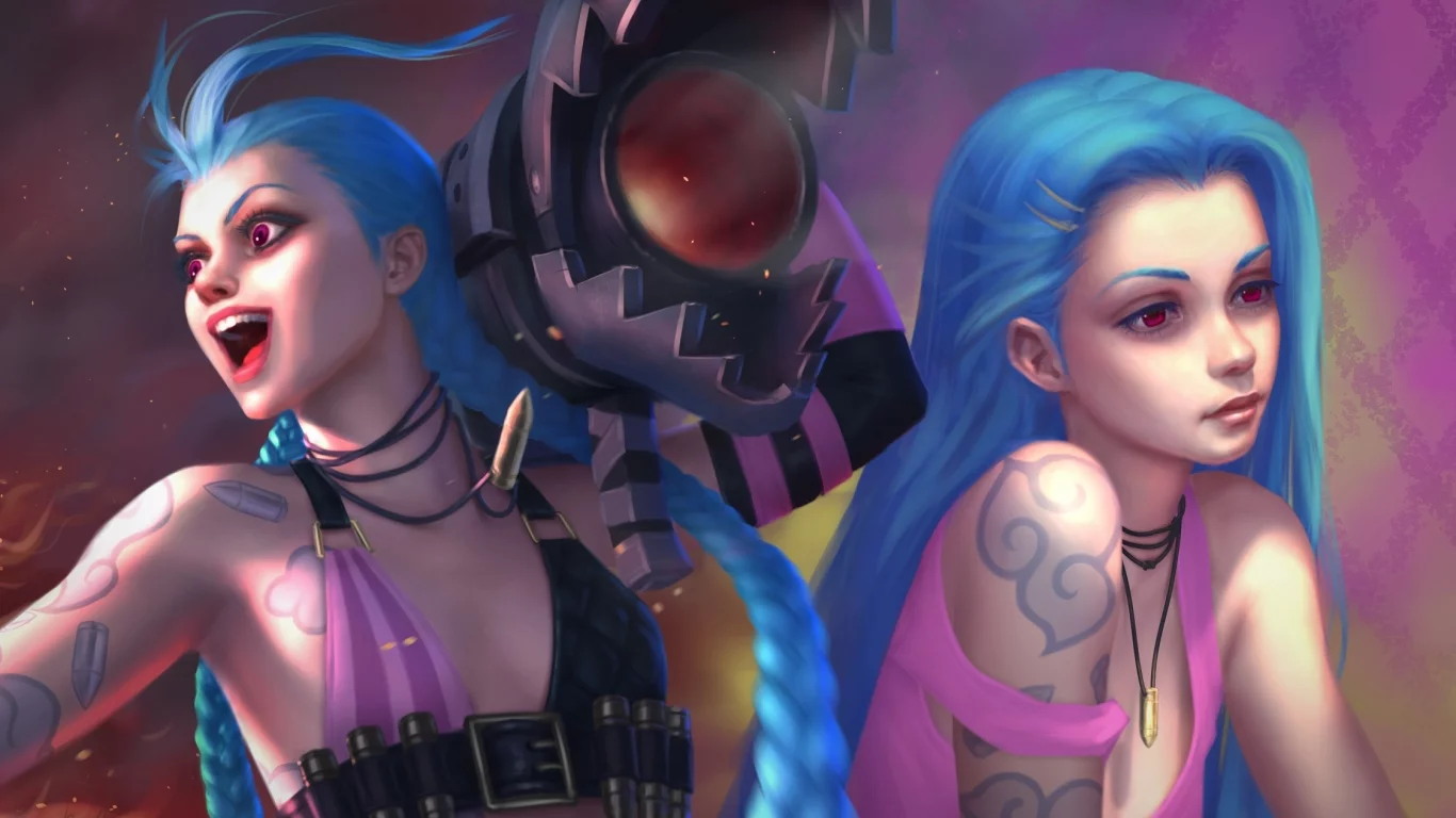 jinx, девушка, moba, oose annon, синие волосы